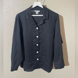 Linen Dreams Elegant Black Button-Up Blouse